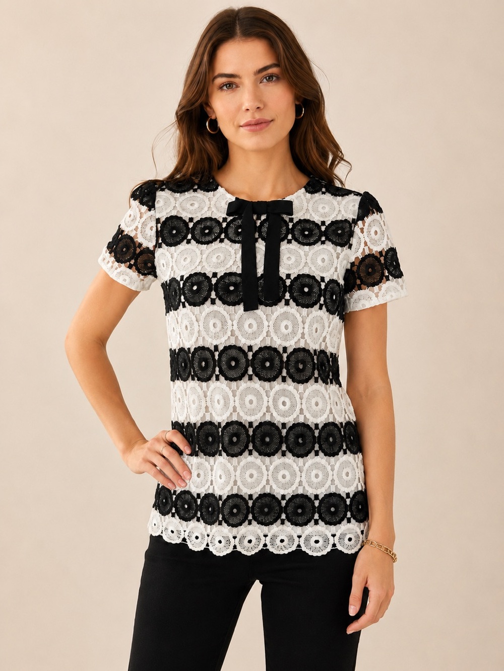 Karl Lagerfeld Paris Black White Medallion Guipure Lace Blouse Bow Tie Top 8 Med